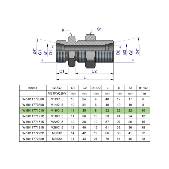 Złączka hydrauliczna metryczna grodziowa BB M16x1.5 10L z przeciwnakrętką (XSV) Waryński ( sprzedawane po 2 )