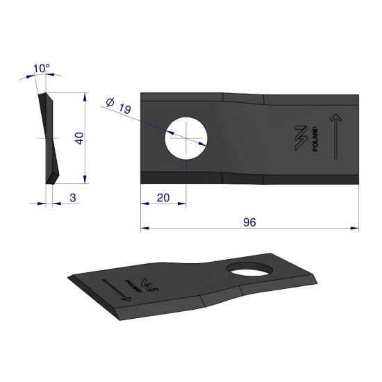 Nóż. nożyk kosiarka lewy 96x40x3mm otwór 19 zastosowanie 16502727 Deutz Fahr Kverneland WARYŃSKI ( sprzedawane po 25 )