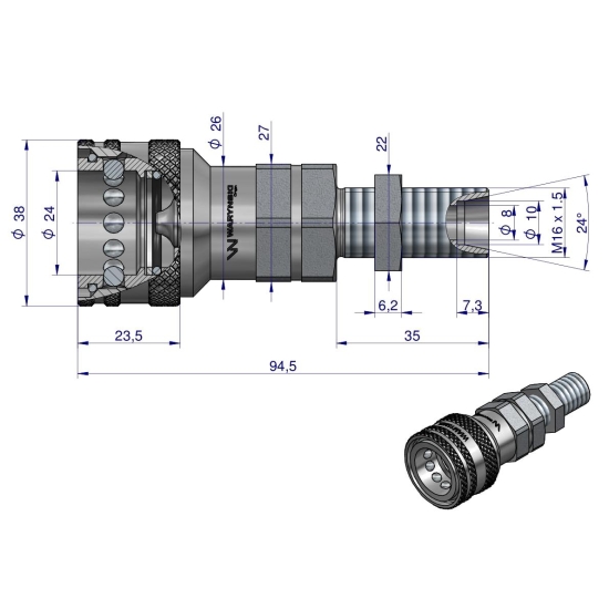 Szybkozłącze hydrauliczne gniazdo long M16x1.5 gwint zewnętrzny EURO (9100816GL) (ISO 7241-A) Waryński