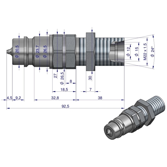 Szybkozłącze hydrauliczne wtyczka long z eliminatorem ciśnienia M22x1.5 gwint zew. EURO (9100822W) (ISO 7241-A) Waryński