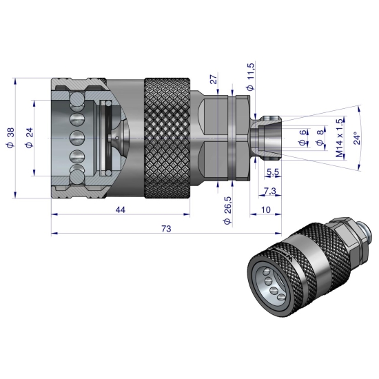 Szybkozłącze hydrauliczne gniazdo M14x1.5 gwint zewnętrzny EURO PUSH-PULL  (ISO 7241-A) z eliminatorem ciśnienia Waryński