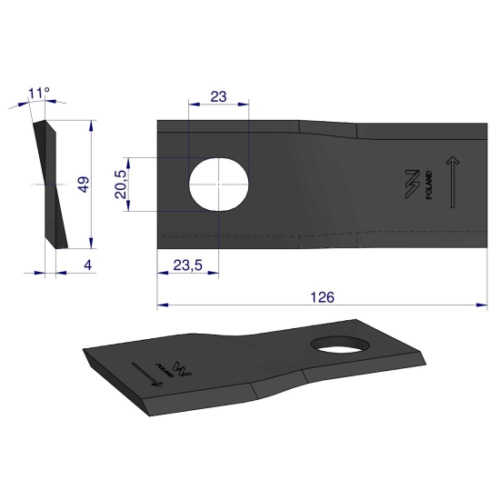 Nóż. nożyk kosiarka lewy 126x48x4mm otwór 20.5x23 zastosowanie 56110900 Kverneland Taarup WARYŃSKI ( sprzedawane po 25 )