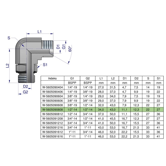 Kolanko hydrauliczne nastawne calowe BB 1/2" x 1/2" BSP z regulacją Waryński