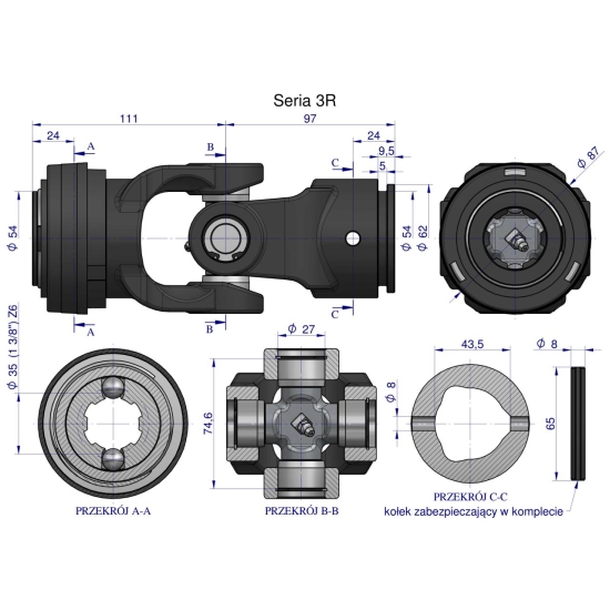 Przegub kompletny z krzyżakiem 27X74.6 seria 3 do rury zewnętrznej 43.5mm Waryński