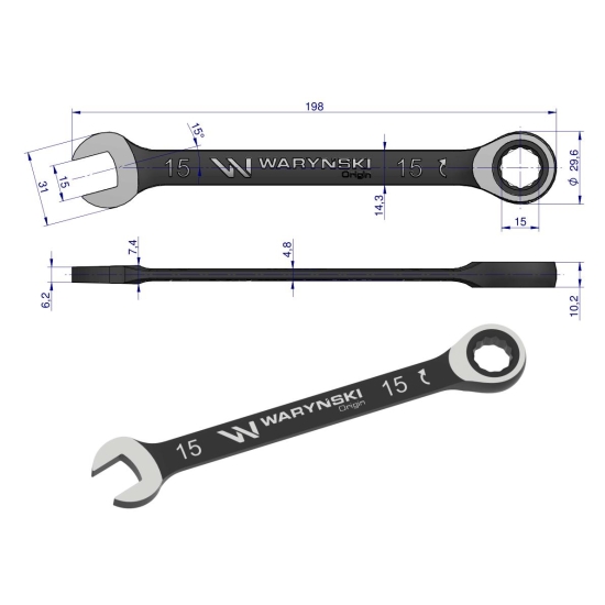 Klucz płasko-oczkowy 15 mm z grzechotką 72 zęby standard ASME B107-2010 Waryński