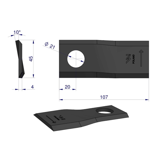 Nóż. nożyk kosiarka lewy 107x46x4mm otwór 21 WARYŃSKI ( sprzedawane po 25 )