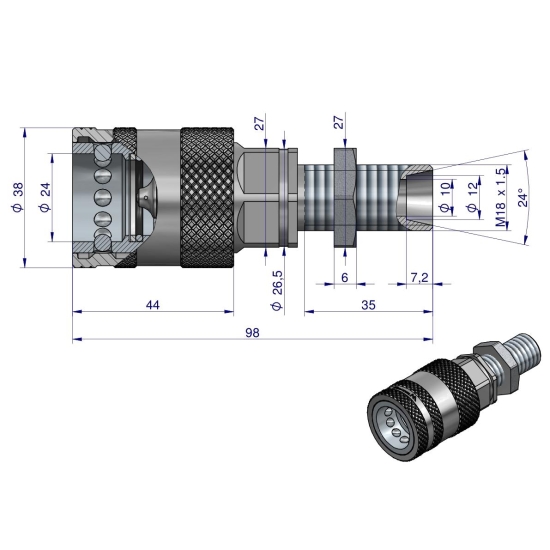 Szybkozłącze hydrauliczne gniazdo long z eliminatorem ciśnienia M18x1.5 gwint zew. EURO PUSH-PULL (9100818GL) (ISO 7241-A) Waryński