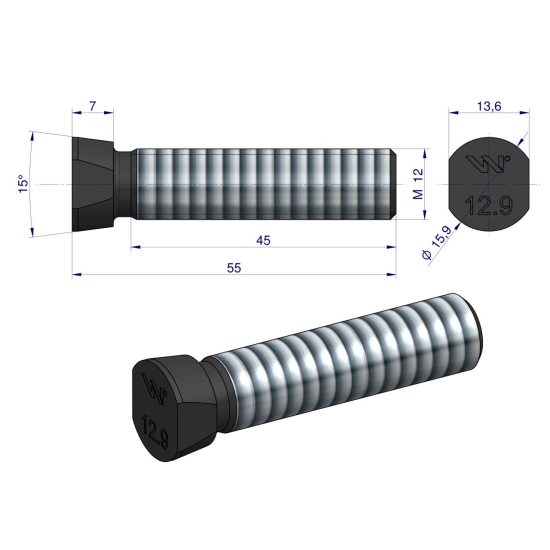 Śruba kpl. płużna oval z dwóch stron ścięta M12x55 mm kl.12.9 zastosowanie Kverneland Waryński M12X55OV2KV ( sprzedawane po 25 )