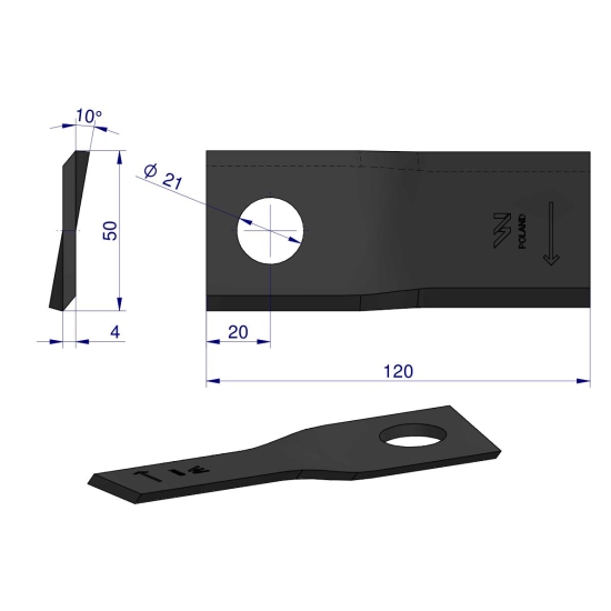 Nóż. nożyk kosiarka prawy 120X50X4mm otwór 21 zastosowanie RF 120/4 Pronar WARYŃSKI ( sprzedawane po 25 )
