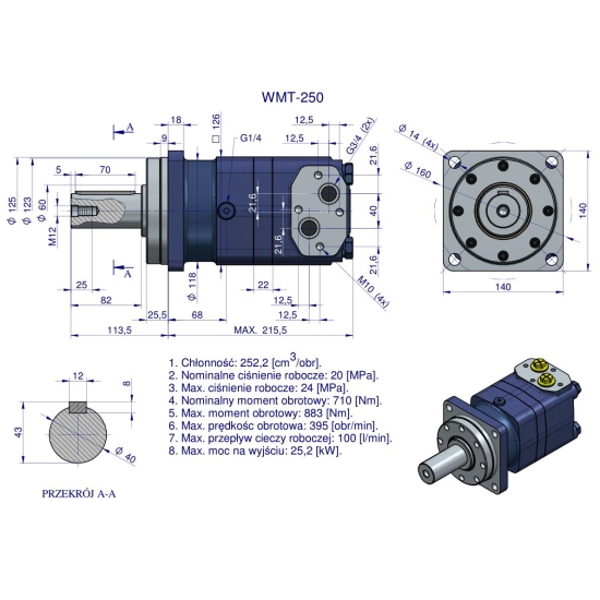 Silnik hydrauliczny orbitalny WMT 250 cm3/obr (200 bar / max.280 bar) Waryński