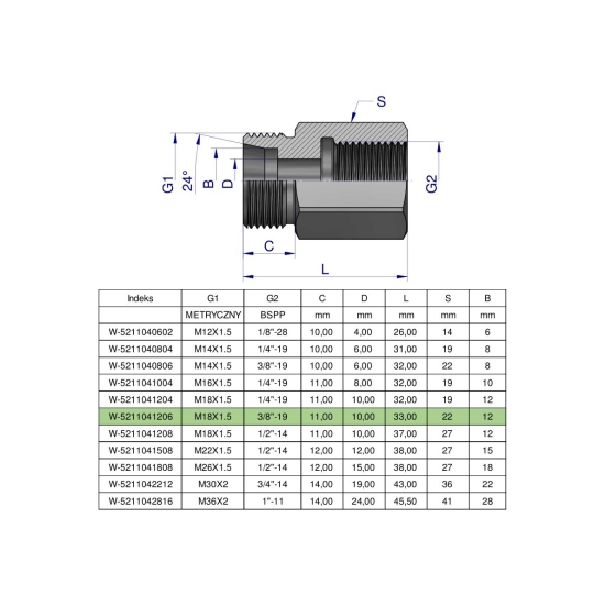 Tulejka różnicowa hydrauliczna AB M18x1.5 12L GZ x 3/8" BSP Waryński ( sprzedawane po 2 )