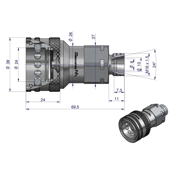 Szybkozłącze hydrauliczne gniazdo M16x1.5 gwint zewnętrzny EURO (9100816G) (ISO 7241-A) Waryński