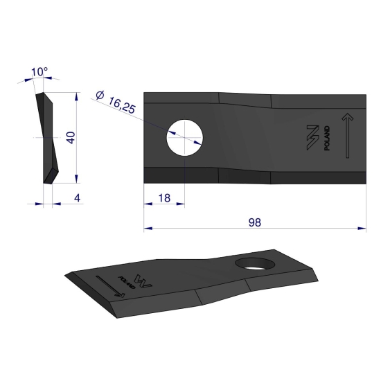 Nóż. nożyk kosiarka lewy 98x40x4mm otwór 16.2 zastosowanie DM-303 Claas WARYŃSKI ( sprzedawane po 25 )