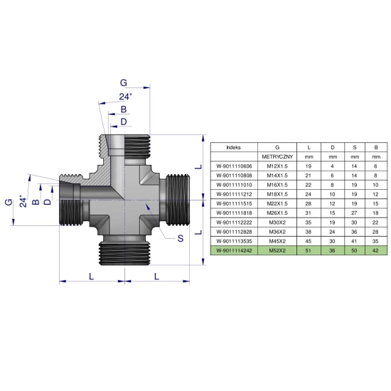 Czwórnik hydrauliczny metryczny BBBB M52x2 42L Waryński