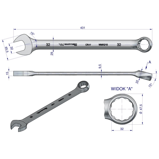 Klucz płaskooczkowy extra długi 32mm dł 431mm standard ASME B107.9M  Waryński