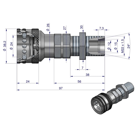 Szybkozłącze hydrauliczne gniazdo long M22x1.5 gwint zewnętrzny EURO (9100822GL) (ISO 7241-A) Waryński