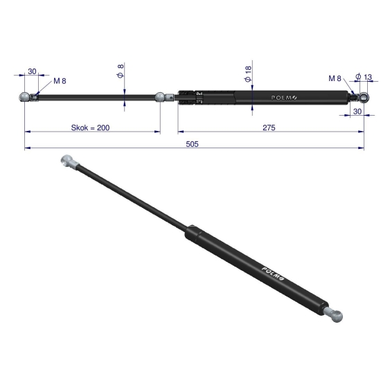 Siłownik szyby przedniej tylnej L max. 510mm 04357777P drzwi  DEUTZ POLMO