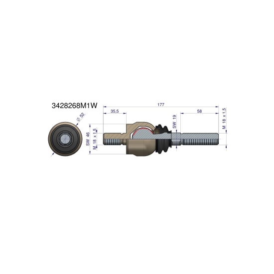 Przegub kierowniczy 177mm- M18x1,5; M18x1,5 3428268M1 Waryński