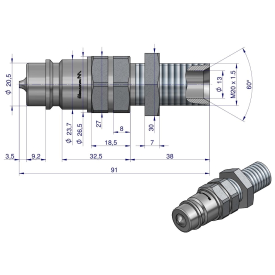 Szybkozłącze hydrauliczne wtyczka long M20x1.5 gwint zewnętrzny EURO (ISO 7241-A) Waryński