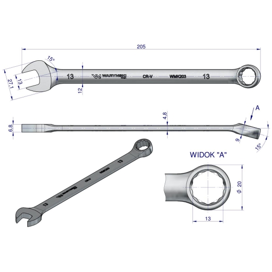 Klucz płaskooczkowy extra długi 13mm dł 205mm standard ASME B107.9M Waryński