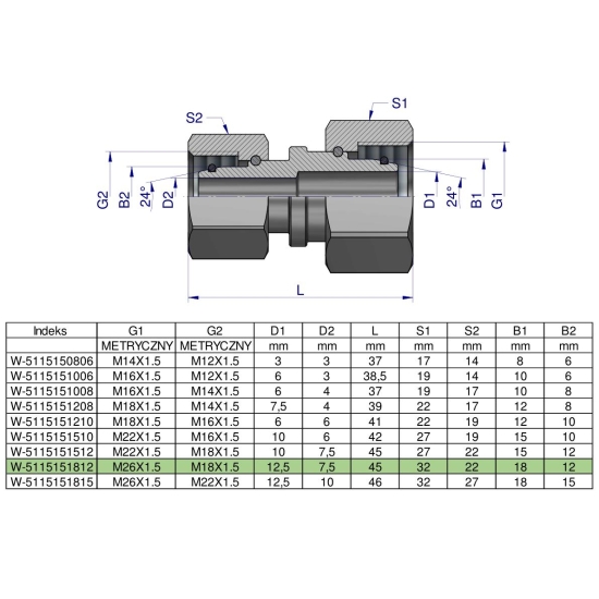 Złączka hydrauliczna metryczna AA M26x1.5 18L x M18x1.5 12L Waryński