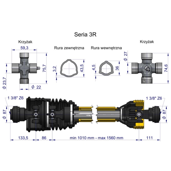 Wał przegubowo-teleskopowy 1010-1560mm 460Nm szerokokątny CE 2020 seria 3R WARYŃSKI