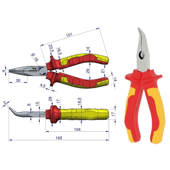 Szczypce izolowane, wydłużone wygięte 160 mm. VDE. Waryński