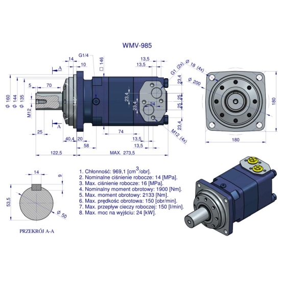 Silnik hydrauliczny orbitalny WMV 985 cm3/obr (140 bar / max.180 bar) Waryński