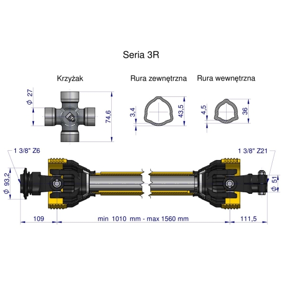 Wał przegubowo-teleskopowy 1010-1560mm 460Nm widłak Z21 skręcany na śrubę 50270 CE seria 3R WARYŃSKI