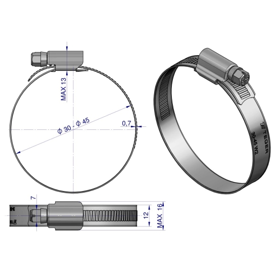 Opaska zaciskowa wzmocniona 30-45 ślimakowa (obejma W2 - stal nierdzewna) szerkość 12mm TEGER ( sprzedawane po 50 )