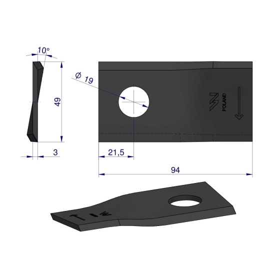 Nóż. nożyk kosiarka prawy 94x48x3mm otwór 19 zastosowanie 570410 Niemeyer Kverneland WARYŃSKI ( sprzedawane po 25 )