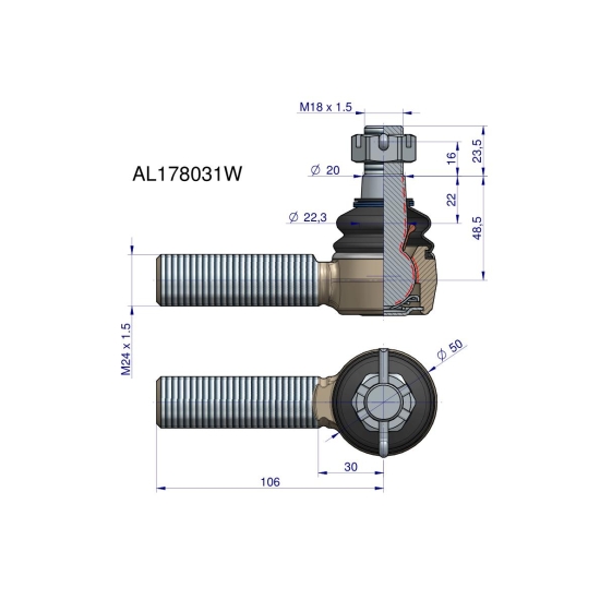 Przegub kierowniczy 106mm - M24x1,5 AL178031 WARYŃSKI