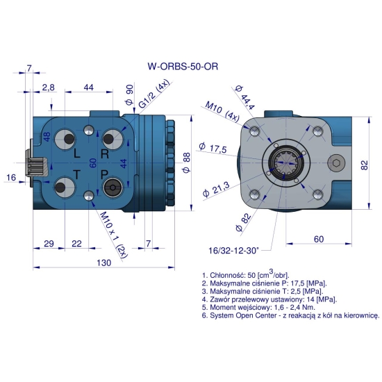 Orbitrol hydrauliczny W-ORBS-OR 50 cm3/obr z zaworami (System Open Center - z reakcją z kół na kierownicę) Waryński