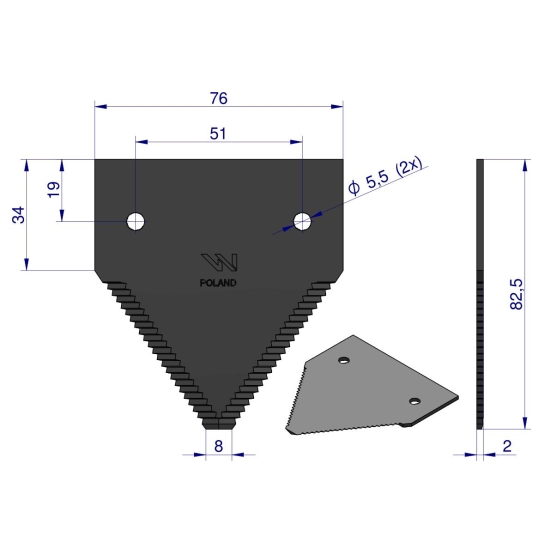 Nóż żniwny 80x76x2mm otwór 5.5 zastosowanie 206236M1 Massey Ferguson WARYŃSKI ( sprzedawane po 25 )