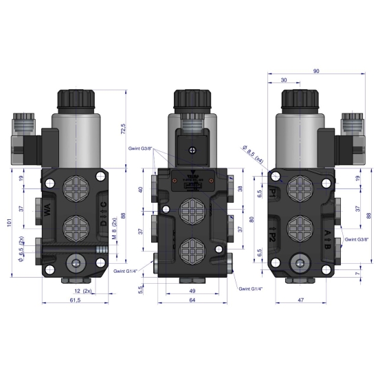 Dzielnik. zawór. elektrozawór kierunkowy elektromagnetyczny kontroli (DVS6/50 L/MIN) 12V DC 6/2 G3/8 50L VOIMA