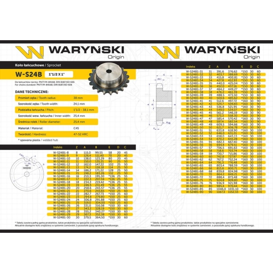 Koło zębate hartowane z kołnierzem 24B-1 (R1 1.1/2) Z-20 Waryński