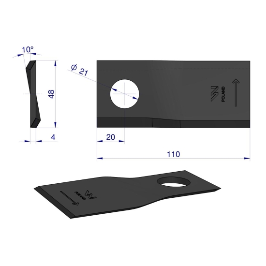 Nóż. nożyk kosiarka lewy 110X48X4mm otwór 21 zastosowanie RF 110/4 Famarol WARYŃSKI ( sprzedawane po 25 )