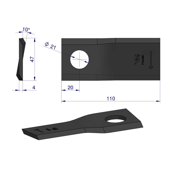 Nóż. nożyk kosiarka prawy 110X48X4mm otwór 21 zastosowanie RF 110/4 Famarol WARYŃSKI ( sprzedawane po 25 )