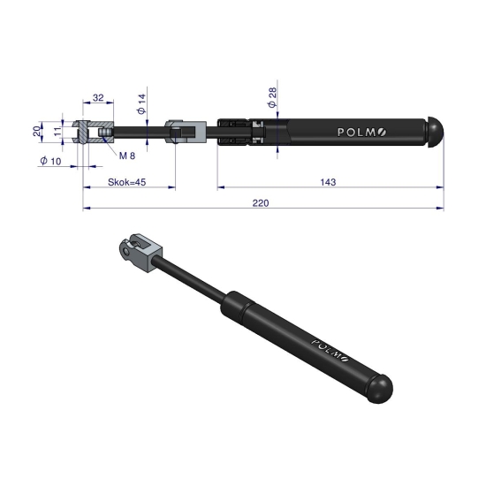 Siłownik szyba przednia L max. 220mm 65499076 FRITZMEIER POLMO