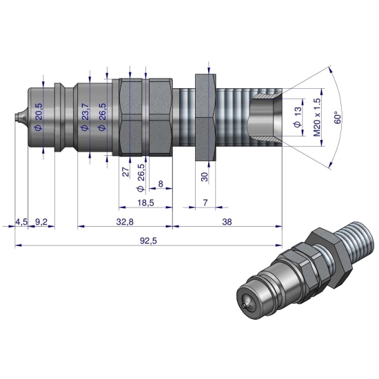 Szybkozłącze hydrauliczne wtyczka long z eliminatorem ciśnienia M20x1.5 gwint zewnętrzny EURO (ISO 7241-A) Waryński