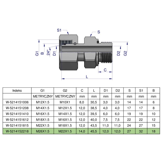 Przyłączka hydrauliczna metryczna AB (EVGE) M26x1.5 18L x M22x1.5 ED Waryński ( sprzedawane po 2 )