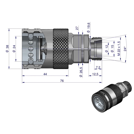 Szybkozłącze hydrauliczne gniazdo z eliminatorem ciśnienia M22x1.5 gwint zew. EURO PUSH-PULL (9100822G) (ISO 7241-A) Waryński