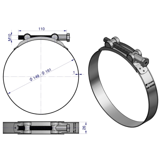 Opaska zaciskowa GBS 149-161 (obejma W2 - stal nierdzewna) szerkość 26mm TEGER ( sprzedawane po 5 )