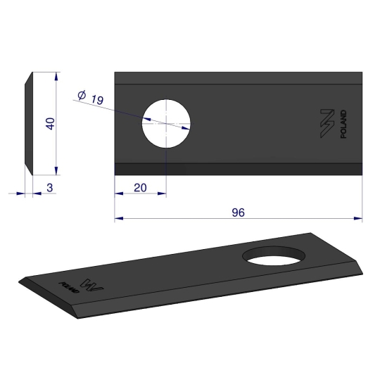 Nóż, nożyk kosiarka rotacyjna (polska) 5036010450 96X40X3X19 prosty WARYŃSKI ( sprzedawane po 25 )