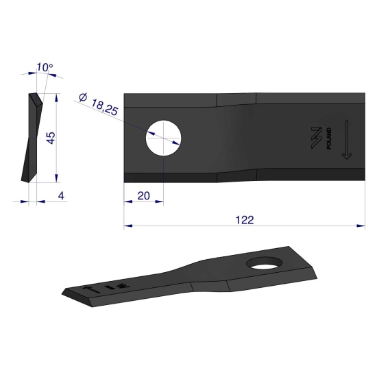 Nóż. nożyk kosiarka prawy 122x46x4mm otwór 18.25 zastosowanie 56451300 Kuhn WARYŃSKI ( sprzedawane po 25 )