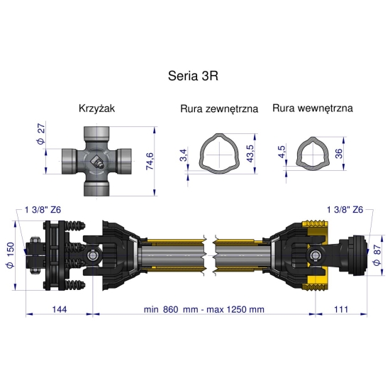 Wał przegubowo-teleskopowy 860-1250mm 460Nm sprzęgło cierne 900Nm CE 2020 seria 3R Waryński