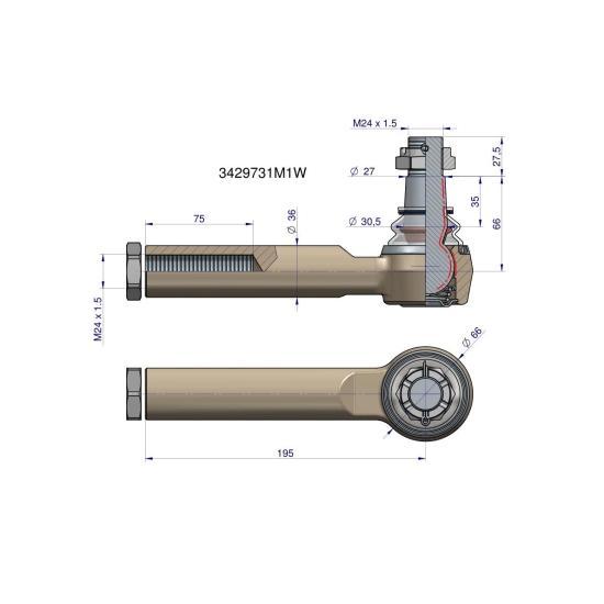 Przegub kierowniczy 195mm- M24x1,5 3429731M1 WARYŃSKI