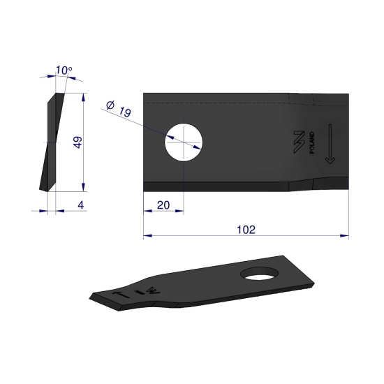 Nóż. nożyk kosiarka prawy 102x48x4mm otwór 19 zastosowanie 570446 Niemeyer WARYŃSKI ( sprzedawane po 25 )