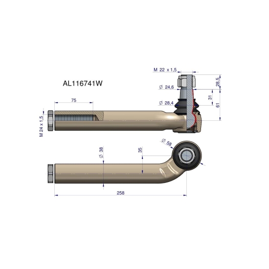 Przegub kierowniczy prawy 258mm- M24x1,5 AL116741 WARYŃSKI
