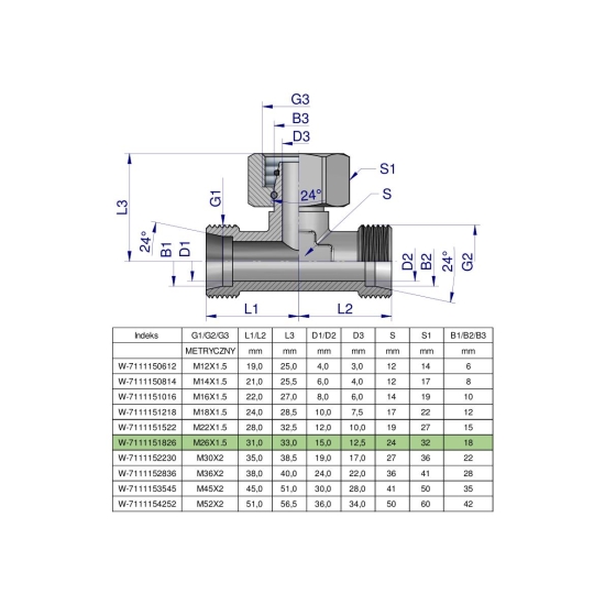 Trójnik hydrauliczny symetryczny metryczny BAB M26x1.5 18L (XEVT) Waryński